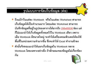 รู ปแบบการจัดเก็บข้ อมูล (ต่ อ)
ถึงแม้ ว่าในแต่ ละ Workbook หรื อในแต่ ละ Worksheet สามารถ
เก็บข้ อมูลได้ เป็ นจํานวนมาก โดยแต่ ละ Worksheet สามารถ
บันทึกข้ อมูลทีอยู่ในรู ปของตารางได้ มากถึง 256x65536 ช่ อง แต่
ก็ไม่ แนะนําให้ เก็บข้ อมูลทังหมดไว้ ใน Workbook เดียว เพราะ
เมือ Workbook มีขนาดใหญ่ จะทําให้ เครื องคอมพิวเตอร์ ต้องใช้
พืนทีในหน่ วยความจํามากขึน ซึงจะทําให้ Excel ทํางานช้ าลง
ดังนันจึงขอแนะนําให้ แยกเก็บข้ อมูลใน Workbook หลาย
Workbook โดยเฉพาะอย่ างยิง ถ้ าลักษณะของข้ อมูลไม่ เกียวข้ อง
กัน
                           ครูพีรญา ดุนขุนทด                      17
 