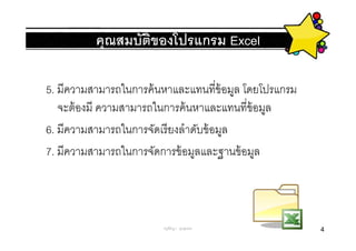 คุณสมบัตของโปรแกรม Excel
                  ิ

5. มีความสามารถในการค้ นหาและแทนทีข้ อมูล โดยโปรแกรม
   จะต้ องมี ความสามารถในการค้ นหาและแทนทีข้ อมูล
6. มีความสามารถในการจัดเรี ยงลําดับข้ อมูล
7. มีความสามารถในการจัดการข้ อมูลและฐานข้ อมูล



                        ครูพีรญา ดุนขุนทด              4
 