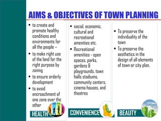 AIMS & OBJECTIVES OF TOWN PLANNING
• to create and         • social, economic,
  promote healthy         cultural and         • To preserve the
  conditions and          recreational           individuality of the
  environments for        amenities etc.         town
  all the people –      • Recreational         • To preserve the
• to make right use       amenities - open       aesthetics in the
  of the land for the     spaces, parks,         design of all elements
  right purpose by        gardens &              of town or city plan,
  zoning                  playgrounds, town
• to ensure orderly       halls stadiums,
  development             community centers,
• to avoid                cinema houses, and
  encroachment of         theatres
  one zone over the
  other
  HEALTH                CONVENIENCE               BEAUTY
 
