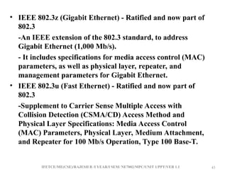 IFETCE/ME(CSE)/RAJESH R /I YEAR/I SEM/ NE7002/MPC/UNIT 1/PPT/VER 1.1 43
43
• IEEE 802.3z (Gigabit Ethernet) - Ratified and now part of
802.3
-An IEEE extension of the 802.3 standard, to address
Gigabit Ethernet (1,000 Mb/s).
- It includes specifications for media access control (MAC)
parameters, as well as physical layer, repeater, and
management parameters for Gigabit Ethernet.
• IEEE 802.3u (Fast Ethernet) - Ratified and now part of
802.3
-Supplement to Carrier Sense Multiple Access with
Collision Detection (CSMA/CD) Access Method and
Physical Layer Specifications: Media Access Control
(MAC) Parameters, Physical Layer, Medium Attachment,
and Repeater for 100 Mb/s Operation, Type 100 Base-T.
 