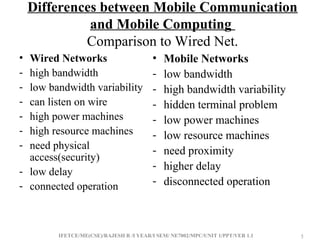 IFETCE/ME(CSE)/RAJESH R /I YEAR/I SEM/ NE7002/MPC/UNIT 1/PPT/VER 1.1 5
5
Differences between Mobile Communication
and Mobile Computing
Comparison to Wired Net.
• Wired Networks
- high bandwidth
- low bandwidth variability
- can listen on wire
- high power machines
- high resource machines
- need physical
access(security)
- low delay
- connected operation
• Mobile Networks
- low bandwidth
- high bandwidth variability
- hidden terminal problem
- low power machines
- low resource machines
- need proximity
- higher delay
- disconnected operation
 