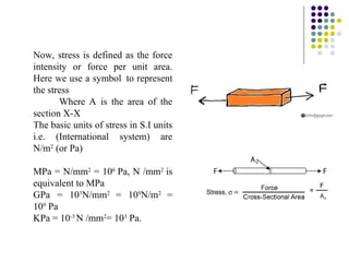 Now, stress is defined as the force
intensity or force per unit area.
Here we use a symbol to represent
the stress
Where A is the area of the
section X-X
The basic units of stress in S.I units
i.e. (International system) are
N/m2
(or Pa)
MPa = N/mm2
= 106
Pa, N /mm2
is
equivalent to MPa
GPa = 103
N/mm2
= 109
N/m2
=
109
Pa
KPa = 10-3
N /mm2
= 103
Pa.
 
