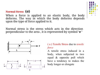 Normal Stress (σ)
When a force is applied to an elastic body, the body
deforms. The way in which the body deforms depends
upon the type of force applied to it.
Normal stress is the stress which acts in the direction
perpendicular to the area , it is represented by symbol ‘σ ’
( a ) Tensile Stress due to tensile
force
A tensile stress induced in a
body, when subjected to two
equal & opposite pull which
have a tendency to makes the
body longer or elongate
 