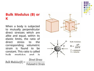 Bulk Modulus (B) or
K
When a body is subjected
to mutually perpendicular
direct stresses which are
alike and equal, within its
elastic limits, the ratio of
direct stress to the
corresponding volumetric
strain is found to be
constant. This ratio is called
bulk modulus and is
represented by letter “K”.
Unit of Bulk modulus is
Mpa.
 