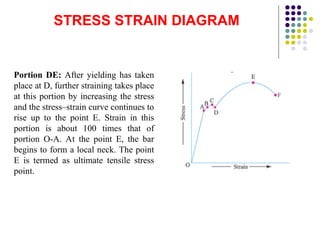 STRESS STRAIN DIAGRAM
Portion DE: After yielding has taken
place at D, further straining takes place
at this portion by increasing the stress
and the stress–strain curve continues to
rise up to the point E. Strain in this
portion is about 100 times that of
portion O-A. At the point E, the bar
begins to form a local neck. The point
E is termed as ultimate tensile stress
point.
 
