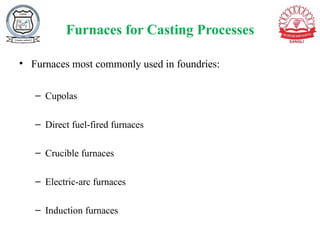 Furnaces for Casting Processes
• Furnaces most commonly used in foundries:
– Cupolas
– Direct fuel-fired furnaces
– Crucible furnaces
– Electric-arc furnaces
– Induction furnaces
 