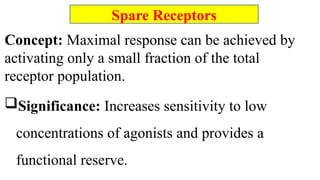 Concept: Maximal response can be achieved by
activating only a small fraction of the total
receptor population.
Significance: Increases sensitivity to low
concentrations of agonists and provides a
functional reserve.
Spare Receptors
 