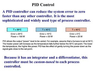 PID Control
A PID controller can reduce the system error to zero
faster than any other controller. It is the most
sophisticated and widely used type of process controller.
Because it has an integrator and a differentiator, this
controller must be custom-tuned to each process
controlled.
 
