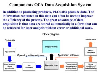 Components Of A Data Acquisition System
In addition to producing products, PLCs also produce data. The
information contained in this data can often be used to improve
the efficiency of the process. The great advantage of data
acquisition is that data are stored automatically in a form that can
be retrieved for later analysis without error or additional work.
 