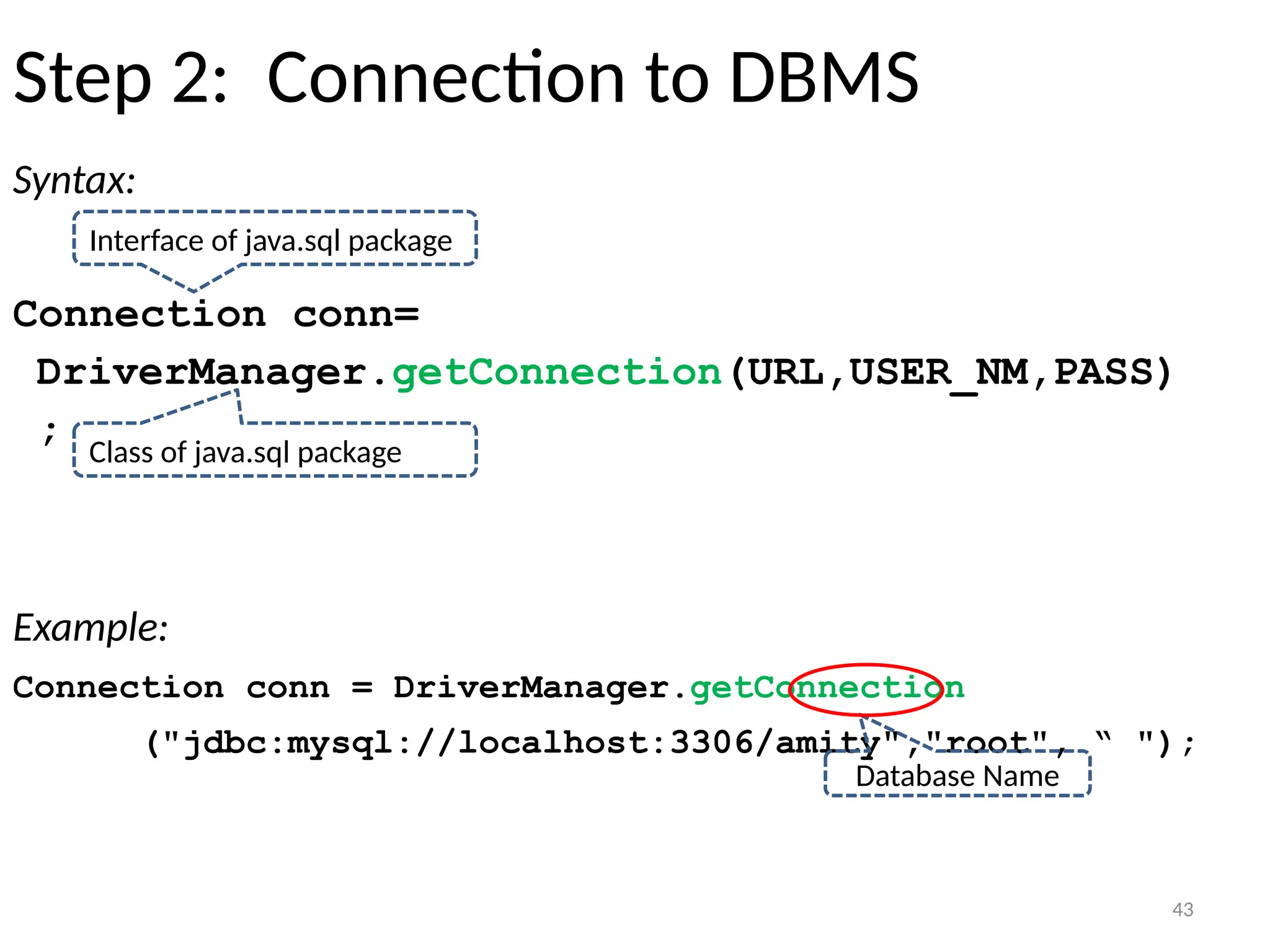 43
Step 2: Connection to DBMS
Syntax:
Connection conn=
DriverManager.getConnection(URL,USER_NM,PASS)
;
Example:
Connection conn = DriverManager.getConnection
("jdbc:mysql://localhost:3306/amity","root", “ ");
43
Interface of java.sql package
Class of java.sql package
Database Name
 