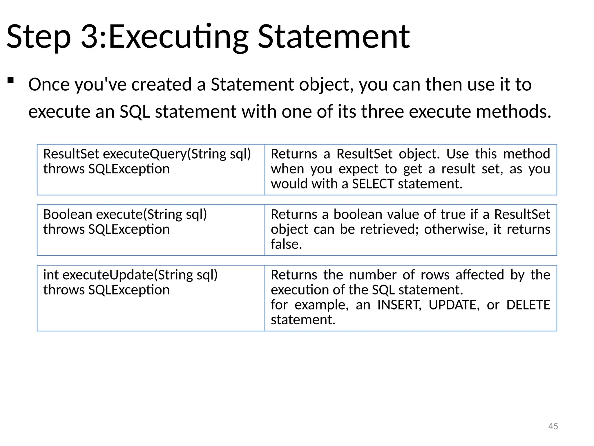 45
Step 3:Executing Statement
 Once you've created a Statement object, you can then use it to
execute an SQL statement with one of its three execute methods.
45
ResultSet executeQuery(String sql)
throws SQLException
Returns a ResultSet object. Use this method
when you expect to get a result set, as you
would with a SELECT statement.
Boolean execute(String sql)
throws SQLException
Returns a boolean value of true if a ResultSet
object can be retrieved; otherwise, it returns
false.
int executeUpdate(String sql)
throws SQLException
Returns the number of rows affected by the
execution of the SQL statement.
for example, an INSERT, UPDATE, or DELETE
statement.
 