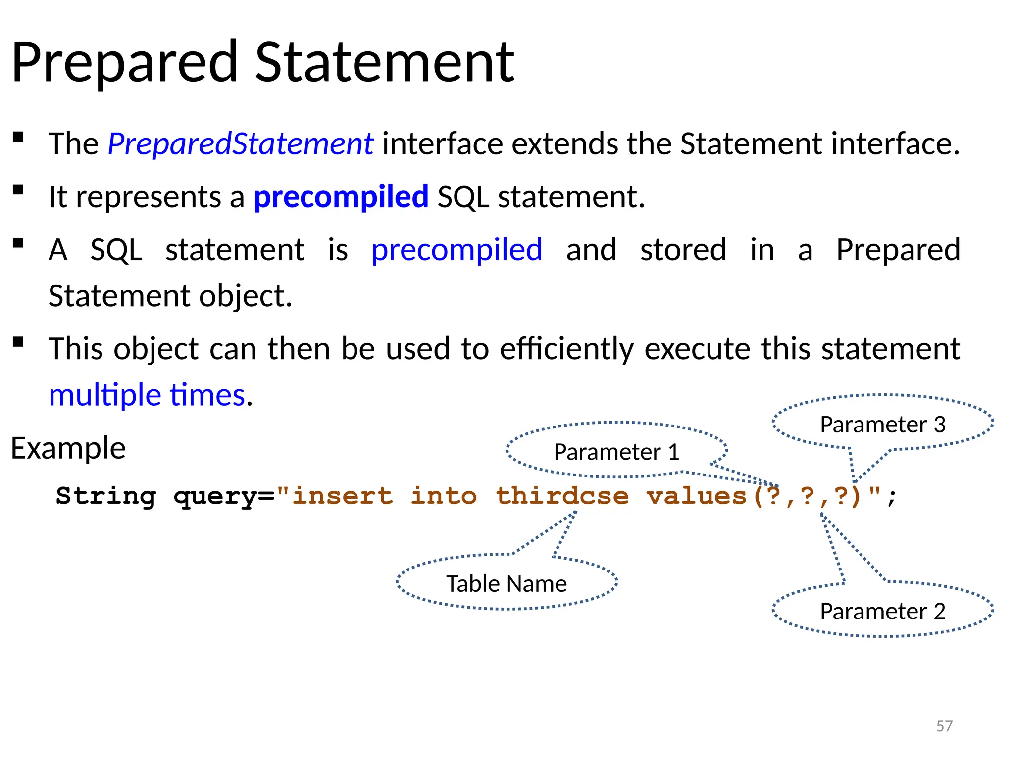 57
Prepared Statement
 The PreparedStatement interface extends the Statement interface.
 It represents a precompiled SQL statement.
 A SQL statement is precompiled and stored in a Prepared
Statement object.
 This object can then be used to efficiently execute this statement
multiple times.
Example
String query="insert into thirdcse values(?,?,?)";
57
Table Name
Parameter 2
Parameter 1
Parameter 3
 