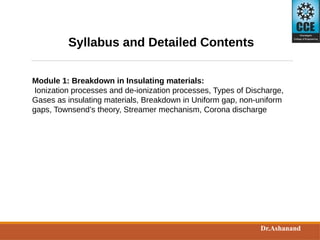 Insulation Breakdown Example Breakdown in Insulating Materials for High Voltage Engineering | PPTX
