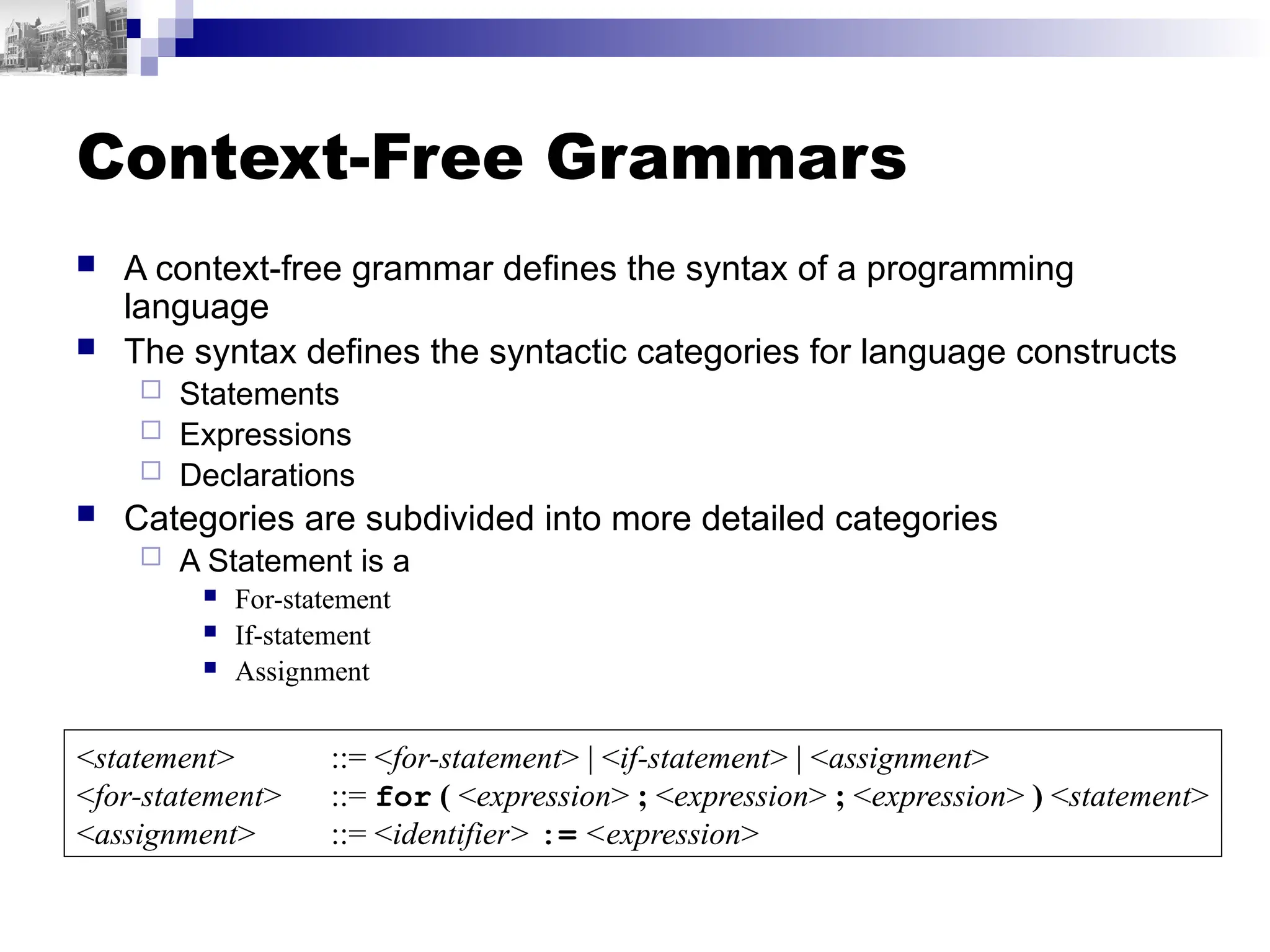 Context-Free Grammars
 A context-free grammar defines the syntax of a programming
language
 The syntax defines the syntactic categories for language constructs
 Statements
 Expressions
 Declarations
 Categories are subdivided into more detailed categories
 A Statement is a
 For-statement
 If-statement
 Assignment
<statement> ::= <for-statement> | <if-statement> | <assignment>
<for-statement> ::= for ( <expression> ; <expression> ; <expression> ) <statement>
<assignment> ::= <identifier> := <expression>
 
