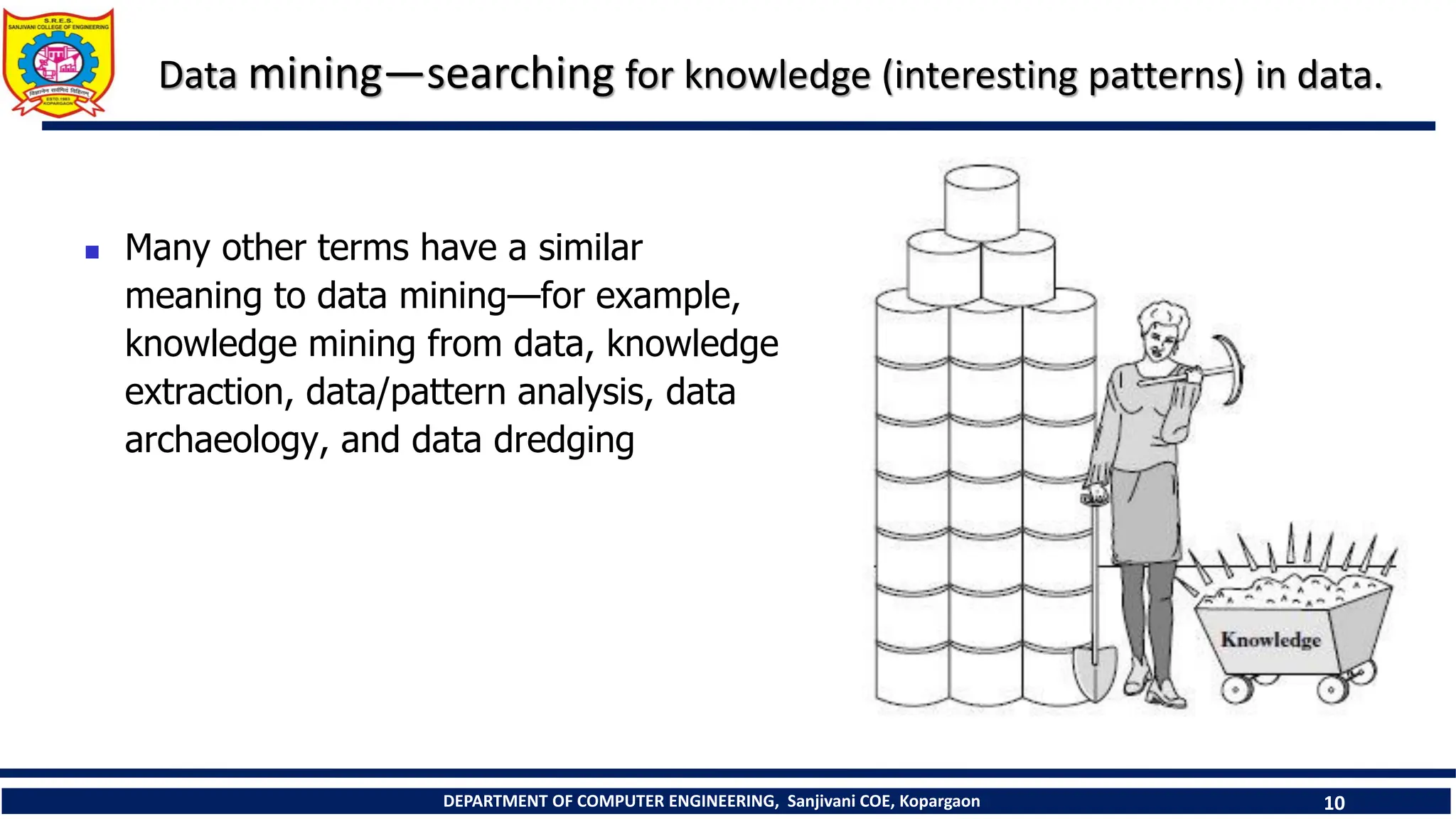 DEPARTMENT OF COMPUTER ENGINEERING, Sanjivani COE, Kopargaon 10
Data mining—searching for knowledge (interesting patterns) in data.
 Many other terms have a similar
meaning to data mining—for example,
knowledge mining from data, knowledge
extraction, data/pattern analysis, data
archaeology, and data dredging.
 