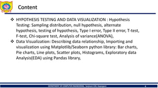 DEPARTMENT OF COMPUTER ENGINEERING, Sanjivani COE, Kopargaon 4
Content
 HYPOTHESIS TESTING AND DATA VISUALIZATION : Hypothesis
Testing: Sampling distribution, null hypothesis, alternate
hypothesis, testing of hypothesis, Type I error, Type II error, T-test,
F-test, Chi-square test, Analysis of variance(ANOVA),
 Data Visualization: Describing data relationship, Importing and
visualization using Matplotlib/Seaborn python library: Bar charts,
Pie charts, Line plots, Scatter plots, Histograms, Exploratory data
Analysis(EDA) using Pandas library,
 