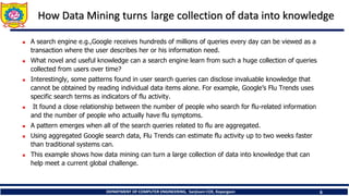 DEPARTMENT OF COMPUTER ENGINEERING, Sanjivani COE, Kopargaon 6
How Data Mining turns large collection of data into knowledge
 A search engine e.g.,Google receives hundreds of millions of queries every day can be viewed as a
transaction where the user describes her or his information need.
 What novel and useful knowledge can a search engine learn from such a huge collection of queries
collected from users over time?
 Interestingly, some patterns found in user search queries can disclose invaluable knowledge that
cannot be obtained by reading individual data items alone. For example, Google’s Flu Trends uses
specific search terms as indicators of flu activity.
 It found a close relationship between the number of people who search for flu-related information
and the number of people who actually have flu symptoms.
 A pattern emerges when all of the search queries related to flu are aggregated.
 Using aggregated Google search data, Flu Trends can estimate flu activity up to two weeks faster
than traditional systems can.
 This example shows how data mining can turn a large collection of data into knowledge that can
help meet a current global challenge.
 