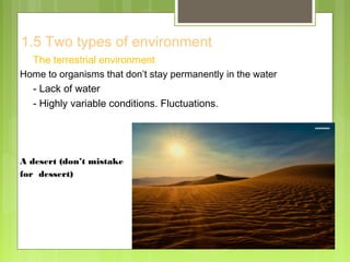 1.5 Two types of environment
The terrestrial environment
Home to organisms that don’t stay permanently in the water
- Lack of water
- Highly variable conditions. Fluctuations.
A desert (don’t mistake
for dessert)
 