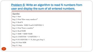Problem 6: Write an algorithm to read N numbers from
user and display the sum of all entered numbers.
17
Algorithm
Step 1: Start
Step 2: Print “How many numbers?”
Step 3: Read N
Step 4:Initialize SUM=0 and COUNTER=1
Step 5: Print “Enter a number”
Step 6: Read NUM
Step 7: SUM = SUM+NUM
Step 8: COUNTER = COUNTER + 1
Step 9: If COUNTER <= N, then goto Step 5
Step 10: Print SUM
Step 11: Stop
 