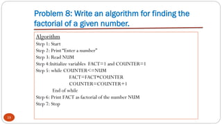 Problem 8: Write an algorithm for finding the
factorial of a given number.
19
Algorithm
Step 1: Start
Step 2: Print “Enter a number”
Step 3: Read NUM
Step 4:Initialize variables FACT=1 and COUNTER=1
Step 5: while COUNTER<=NUM
FACT=FACT*COUNTER
COUNTER=COUNTER+1
End of while
Step 6: Print FACT as factorial of the number NUM
Step 7: Stop
 
