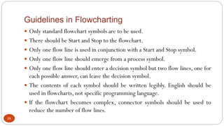 Guidelines in Flowcharting
24
 Only standard flowchart symbols are to be used.
 There should be Start and Stop to the flowchart.
 Only one flow line is used in conjunction with a Start and Stop symbol.
 Only one flow line should emerge from a process symbol.
 Only one flow line should enter a decision symbol but two flow lines, one for
each possible answer, can leave the decision symbol.
 The contents of each symbol should be written legibly. English should be
used in flowcharts, not specific programming language.
 If the flowchart becomes complex, connector symbols should be used to
reduce the number of flow lines.
 