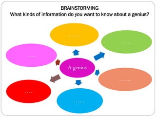 BRAINSTORMING
What kinds of information do you want to know about a genius?
A genius
…..
…..
……
……
….
….
 