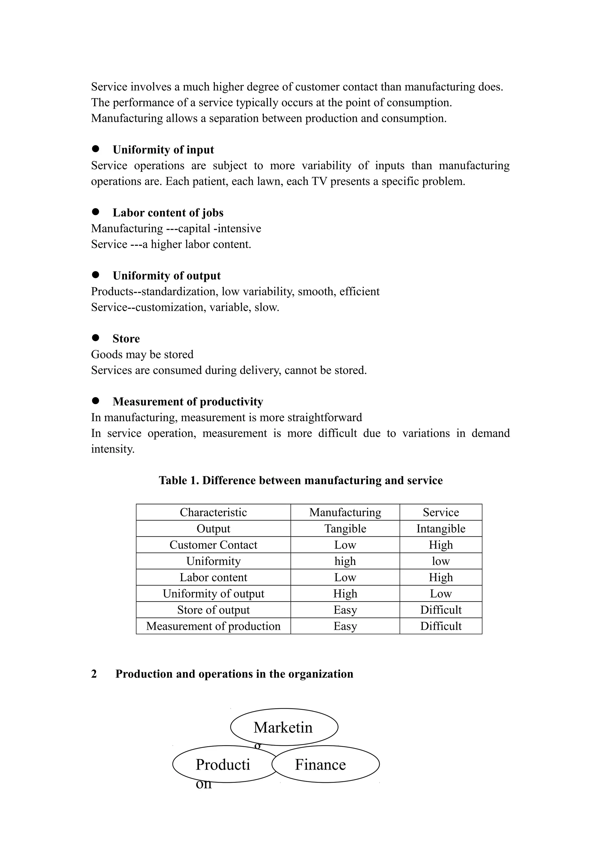Service involves a much higher degree of customer contact than manufacturing does.
The performance of a service typically occurs at the point of consumption.
Manufacturing allows a separation between production and consumption.

 Uniformity of input
Service operations are subject to more variability of inputs than manufacturing
operations are. Each patient, each lawn, each TV presents a specific problem.

 Labor content of jobs
Manufacturing ---capital -intensive
Service ---a higher labor content.

 Uniformity of output
Products--standardization, low variability, smooth, efficient
Service--customization, variable, slow.

 Store
Goods may be stored
Services are consumed during delivery, cannot be stored.

 Measurement of productivity
In manufacturing, measurement is more straightforward
In service operation, measurement is more difficult due to variations in demand
intensity.

              Table 1. Difference between manufacturing and service

                Characteristic                Manufacturing      Service
                    Output                      Tangible        Intangible
              Customer Contact                    Low              High
                  Uniformity                      high             low
                Labor content                     Low              High
             Uniformity of output                High              Low
                Store of output                   Easy           Difficult
           Measurement of production              Easy           Difficult


2    Production and operations in the organization



                               Marketin
                               g
                      Producti      Finance
                      on
 