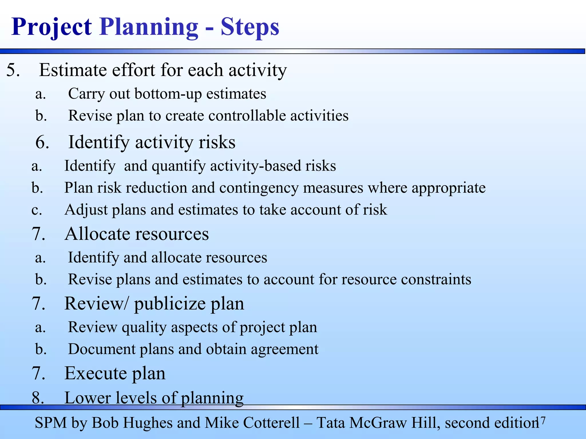 5. Estimate effort for each activity
a. Carry out bottom-up estimates
b. Revise plan to create controllable activities
6. Identify activity risks
a. Identify and quantify activity-based risks
b. Plan risk reduction and contingency measures where appropriate
c. Adjust plans and estimates to take account of risk
7. Allocate resources
a. Identify and allocate resources
b. Revise plans and estimates to account for resource constraints
7. Review/ publicize plan
a. Review quality aspects of project plan
b. Document plans and obtain agreement
7. Execute plan
8. Lower levels of planning
17
Project Planning - Steps
SPM by Bob Hughes and Mike Cotterell – Tata McGraw Hill, second edition
 