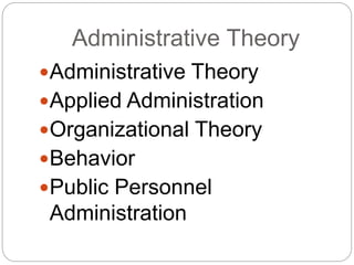 Administrative Theory
Administrative Theory
Applied Administration
Organizational Theory
Behavior
Public Personnel
Administration
 