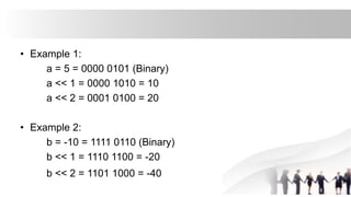 • Example 1:
a = 5 = 0000 0101 (Binary)
a << 1 = 0000 1010 = 10
a << 2 = 0001 0100 = 20
• Example 2:
b = -10 = 1111 0110 (Binary)
b << 1 = 1110 1100 = -20
b << 2 = 1101 1000 = -40
 