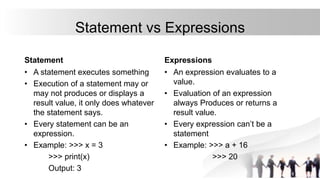 Statement vs Expressions
Statement
• A statement executes something
• Execution of a statement may or
may not produces or displays a
result value, it only does whatever
the statement says.
• Every statement can be an
expression.
• Example: >>> x = 3
>>> print(x)
Output: 3
Expressions
• An expression evaluates to a
value.
• Evaluation of an expression
always Produces or returns a
result value.
• Every expression can’t be a
statement
• Example: >>> a + 16
>>> 20
 