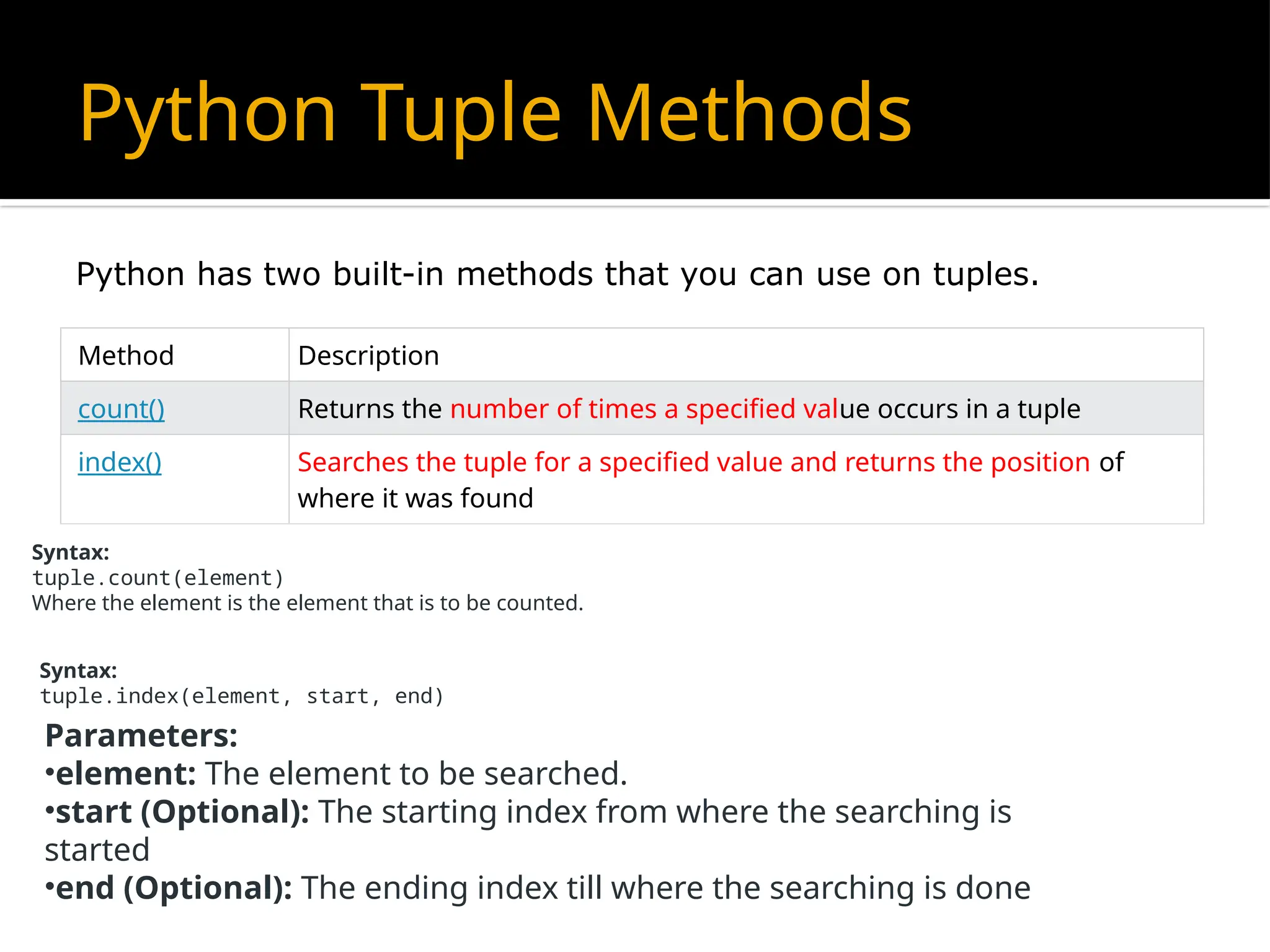 Python Tuple Methods
Method Description
count() Returns the number of times a specified value occurs in a tuple
index() Searches the tuple for a specified value and returns the position of
where it was found
ython has two built-in methods that you can use on tuples.
Python has two built-in methods that you can use on tuples.
Syntax:
tuple.count(element)
Where the element is the element that is to be counted.
Syntax:
tuple.index(element, start, end)
Parameters:
•element: The element to be searched.
•start (Optional): The starting index from where the searching is
started
•end (Optional): The ending index till where the searching is done
 