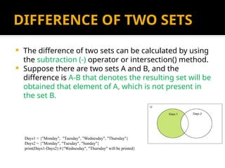 DIFFERENCE OF TWO SETS
 The difference of two sets can be calculated by using
the subtraction (-) operator or intersection() method.
 Suppose there are two sets A and B, and the
difference is A-B that denotes the resulting set will be
obtained that element of A, which is not present in
the set B.
Days1 = {"Monday", "Tuesday", "Wednesday", "Thursday"}
Days2 = {"Monday", "Tuesday", "Sunday"}
print(Days1-Days2) #{"Wednesday", "Thursday" will be printed}
 