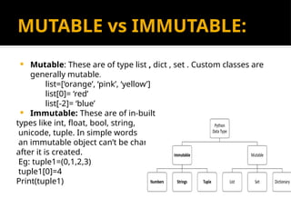 MUTABLE vs IMMUTABLE:
 Mutable: These are of type list , dict , set . Custom classes are
generally mutable.
list=[‘orange’, ‘pink’, ‘yellow’]
list[0]= ‘red’
list[-2]= ‘blue’
 Immutable: These are of in-built
types like int, float, bool, string,
unicode, tuple. In simple words
an immutable object can’t be changed
after it is created.
Eg: tuple1=(0,1,2,3)
tuple1[0]=4
Print(tuple1)
 