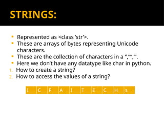 STRINGS:
 Represented as <class ‘str’>.
 These are arrays of bytes representing Unicode
characters.
 These are the collection of characters in a ‘’,””,’’’.
 Here we don’t have any datatype like char in python.
1. How to create a string?
2. How to access the values of a string?
I C F A I T E C H s
 