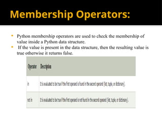 Membership Operators:
 Python membership operators are used to check the membership of
value inside a Python data structure.
 If the value is present in the data structure, then the resulting value is
true otherwise it returns false.
 