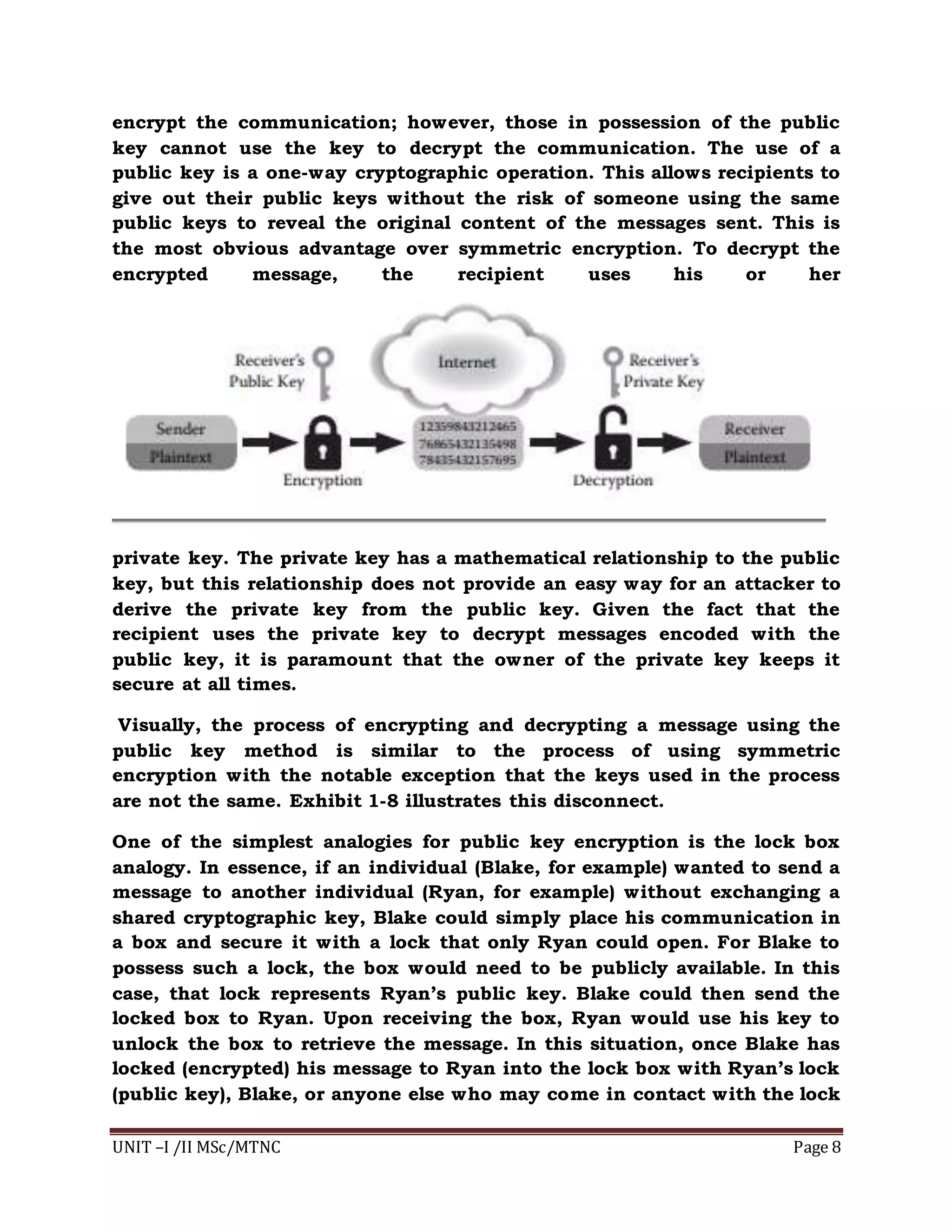 UNIT –I /II MSc/MTNC Page 8
encrypt the communication; however, those in possession of the public
key cannot use the key to decrypt the communication. The use of a
public key is a one-way cryptographic operation. This allows recipients to
give out their public keys without the risk of someone using the same
public keys to reveal the original content of the messages sent. This is
the most obvious advantage over symmetric encryption. To decrypt the
encrypted message, the recipient uses his or her
private key. The private key has a mathematical relationship to the public
key, but this relationship does not provide an easy way for an attacker to
derive the private key from the public key. Given the fact that the
recipient uses the private key to decrypt messages encoded with the
public key, it is paramount that the owner of the private key keeps it
secure at all times.
Visually, the process of encrypting and decrypting a message using the
public key method is similar to the process of using symmetric
encryption with the notable exception that the keys used in the process
are not the same. Exhibit 1-8 illustrates this disconnect.
One of the simplest analogies for public key encryption is the lock box
analogy. In essence, if an individual (Blake, for example) wanted to send a
message to another individual (Ryan, for example) without exchanging a
shared cryptographic key, Blake could simply place his communication in
a box and secure it with a lock that only Ryan could open. For Blake to
possess such a lock, the box would need to be publicly available. In this
case, that lock represents Ryan’s public key. Blake could then send the
locked box to Ryan. Upon receiving the box, Ryan would use his key to
unlock the box to retrieve the message. In this situation, once Blake has
locked (encrypted) his message to Ryan into the lock box with Ryan’s lock
(public key), Blake, or anyone else who may come in contact with the lock
 
