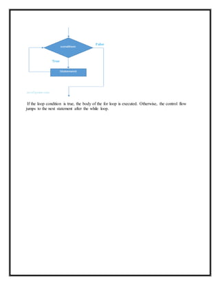 If the loop condition is true, the body of the for loop is executed. Otherwise, the control flow
jumps to the next statement after the while loop.
 