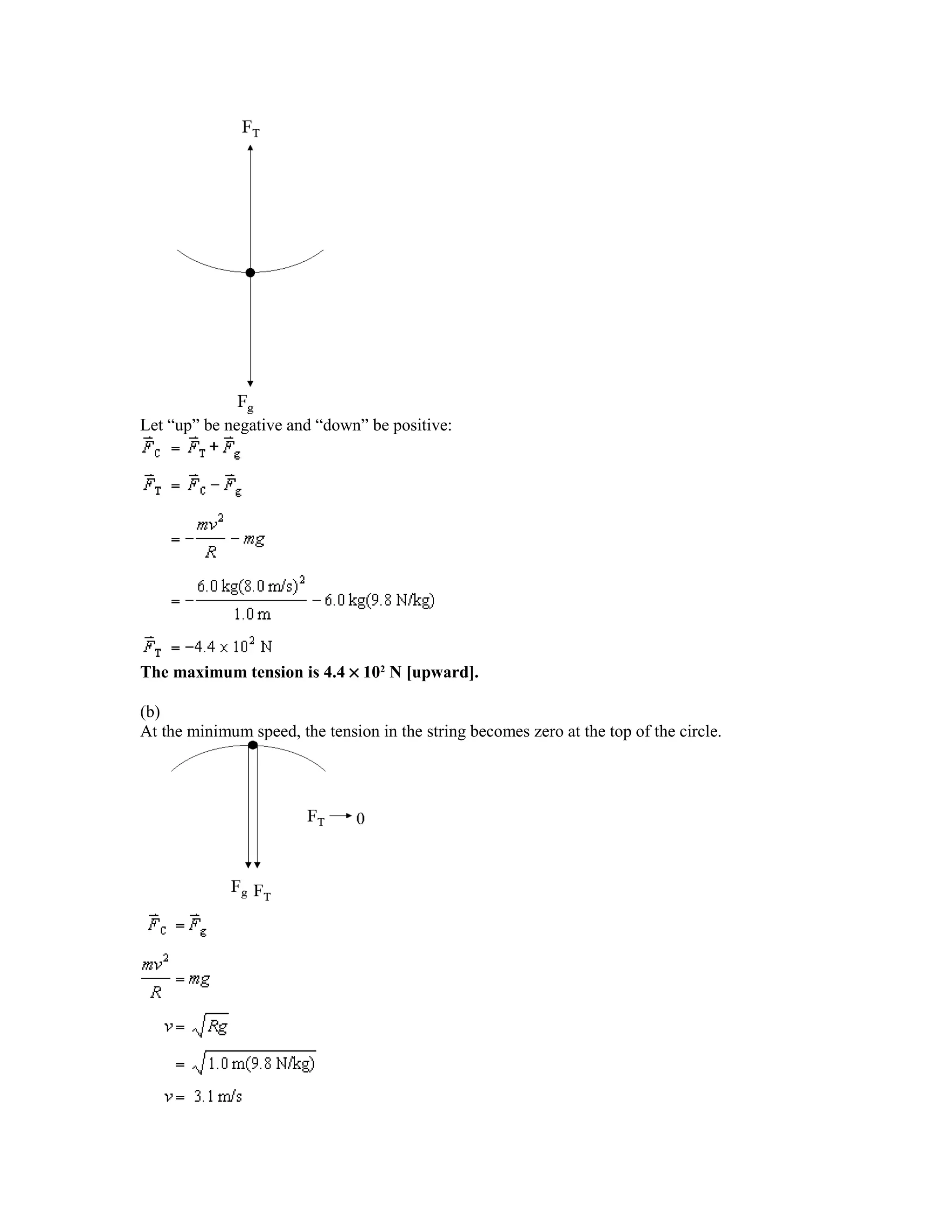 Let “up” be negative and “down” be positive:




The maximum tension is 4.4 × 102 N [upward].

(b)
At the minimum speed, the tension in the string becomes zero at the top of the circle.
 