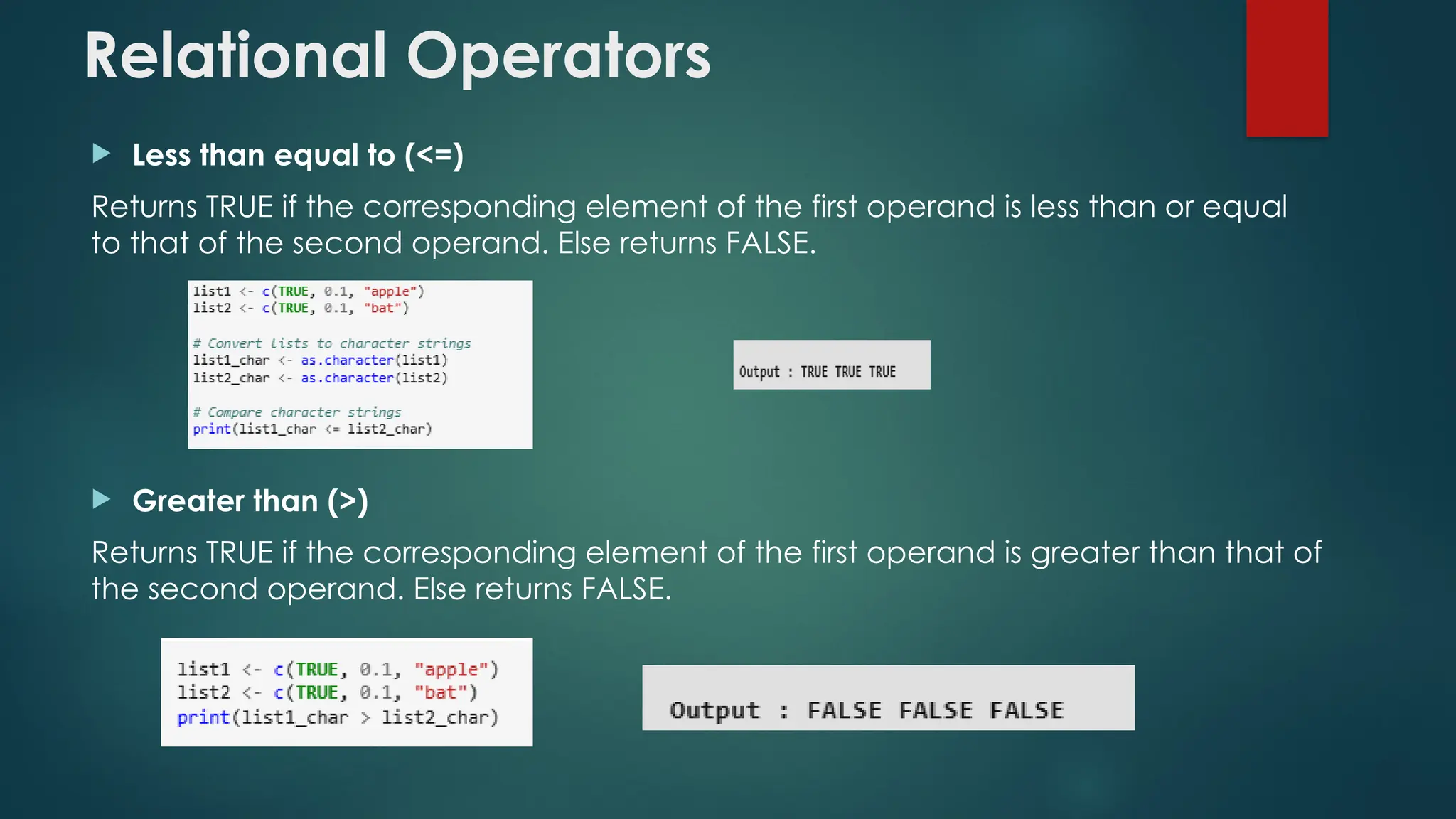 Relational Operators
 Less than equal to (<=)
Returns TRUE if the corresponding element of the first operand is less than or equal
to that of the second operand. Else returns FALSE.
 Greater than (>)
Returns TRUE if the corresponding element of the first operand is greater than that of
the second operand. Else returns FALSE.
 