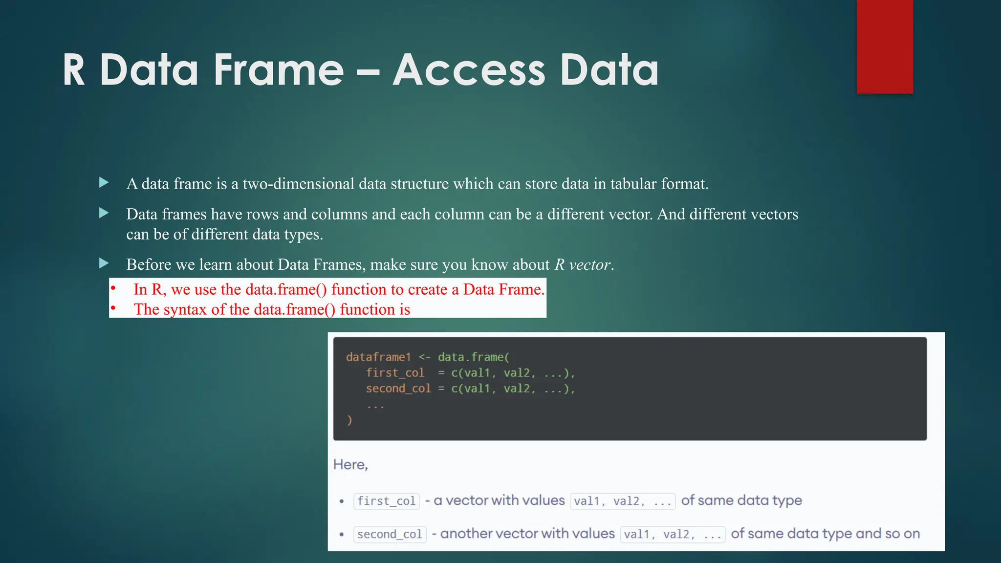 R Data Frame – Access Data
 A data frame is a two-dimensional data structure which can store data in tabular format.
 Data frames have rows and columns and each column can be a different vector. And different vectors
can be of different data types.
 Before we learn about Data Frames, make sure you know about R vector.
• In R, we use the data.frame() function to create a Data Frame.
• The syntax of the data.frame() function is
 