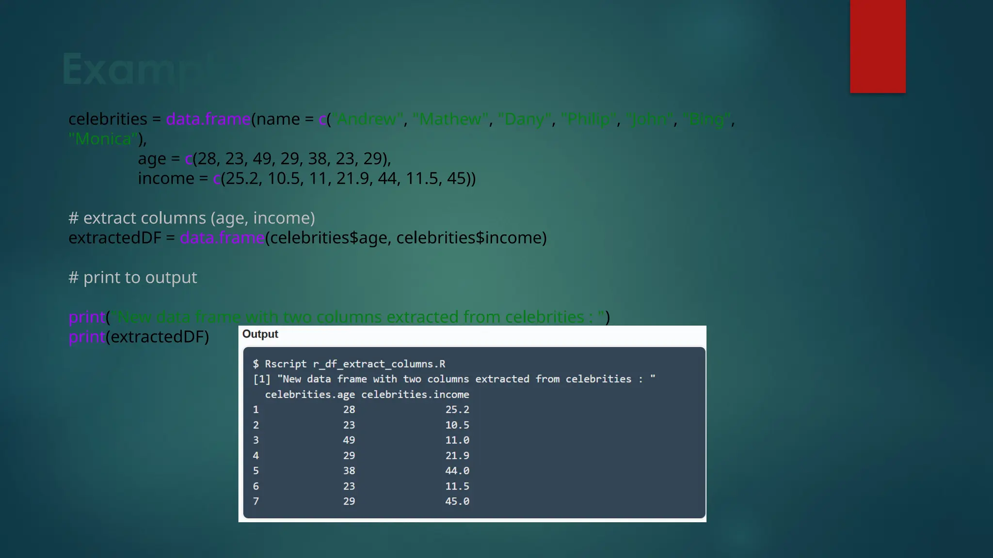 Example
celebrities = data.frame(name = c("Andrew", "Mathew", "Dany", "Philip", "John", "Bing",
"Monica"),
age = c(28, 23, 49, 29, 38, 23, 29),
income = c(25.2, 10.5, 11, 21.9, 44, 11.5, 45))
# extract columns (age, income)
extractedDF = data.frame(celebrities$age, celebrities$income)
# print to output
print("New data frame with two columns extracted from celebrities : ")
print(extractedDF)
 
