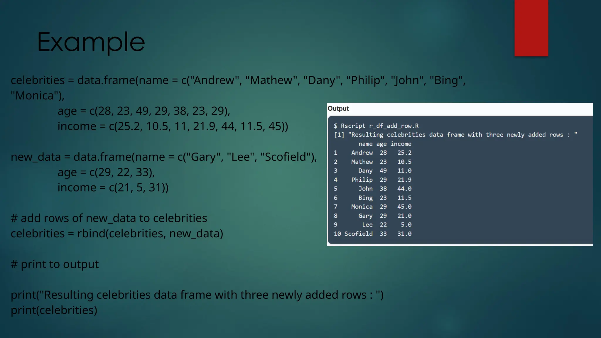 Example
celebrities = data.frame(name = c("Andrew", "Mathew", "Dany", "Philip", "John", "Bing",
"Monica"),
age = c(28, 23, 49, 29, 38, 23, 29),
income = c(25.2, 10.5, 11, 21.9, 44, 11.5, 45))
new_data = data.frame(name = c("Gary", "Lee", "Scofield"),
age = c(29, 22, 33),
income = c(21, 5, 31))
# add rows of new_data to celebrities
celebrities = rbind(celebrities, new_data)
# print to output
print("Resulting celebrities data frame with three newly added rows : ")
print(celebrities)
 
