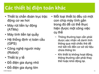 Các thiết bị điện toán khác
• Thiết bị chẩn đoán trục trặc
động cơ xe hơi
• Máy rút tiền tự động
(ATMs)
• Máy tính tiền tại quầy
• Hệ thống định vị toàn cầu
(GPS)
• Công nghệ người máy
(Robot)
• Thiết bị y tế
• Đồ điện gia dụng nhỏ
• Đồ điện gia dụng lớn
• Mỗi loại thiết bị đều có một
con chíp máy tính gắn
trong đó để có thể thực
hiện được một công việc
cụ thể
− Thông thường bạn cần phải
được xác nhận về danh tính
thông qua một chiếc thẻ để
mở kết nối đến cơ sở dữ liệu
chứa thông tin
− Khi thiết bị không hoạt động,
thông thường cần phải thay
thế hoặc khỏi động lại.
© IIG Vietnam 11
 