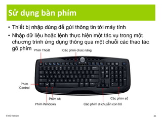 • Thiết bị nhập dùng để gửi thông tin tới máy tính
• Nhập dữ liệu hoặc lệnh thực hiện một tác vụ trong một
chương trình ứng dụng thông qua một chuỗi các thao tác
gõ phím
Sử dụng bàn phím
© IIG Vietnam 30
Phím Windows
Phím Thoát Các phím chức năng
Phím Alt
Phím
Control
Các phím di chuyển con trỏ
Các phím số
 