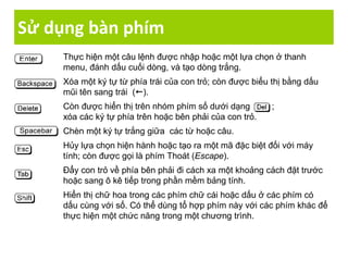 Sử dụng bàn phím
Thực hiện một câu lệnh được nhập hoặc một lựa chọn ở thanh
menu, đánh dấu cuối dòng, và tạo dòng trắng.
Xóa một ký tự từ phía trái của con trỏ; còn được biểu thị bằng dấu
mũi tên sang trái ().
Còn được hiển thị trên nhóm phím số dưới dạng ;
xóa các ký tự phía trên hoặc bên phải của con trỏ.
Chèn một ký tự trắng giữa các từ hoặc câu.
Hủy lựa chọn hiện hành hoặc tạo ra một mã đặc biệt đối với máy
tính; còn được gọi là phím Thoát (Escape).
Đẩy con trỏ về phía bên phải đi cách xa một khoảng cách đặt trước
hoặc sang ô kê tiếp trong phần mềm bảng tính.
Hiển thị chữ hoa trong các phím chữ cái hoặc dấu ở các phím có
dấu cùng với số. Có thể dùng tổ hợp phím này với các phím khác để
thực hiện một chức năng trong một chương trình.
 
