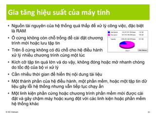 Gia tăng hiệu suất của máy tính
• Nguồn tài nguyên của hệ thống quá thấp để xử lý công việc, đặc biệt
là RAM
• Ổ cứng không còn chỗ trống để cài đặt chương
trình mới hoặc lưu tập tin
• Trên ổ cứng không có đủ chỗ cho hệ điều hành
xử lý nhiều chương trình cùng một lúc
• Kích cỡ tập tin quá lớn và do vậy, không đóng hoặc mở nhanh chóng
do tốc độ của bộ vi xử lý
• Cần nhiều thời gian để hiển thị nội dung tài liệu
• Một thành phần của hệ điều hành, một phần mềm, hoặc một tập tin dữ
liệu gây lỗi hệ thống nhưng vẫn tiếp tục chạy ẩn
• Một linh kiện phần cứng hoặc chương trình phần mềm mới được cài
đặt và gây chậm máy hoặc xung đột với các linh kiện hoặc phần mềm
hệ thống khác
© IIG Vietnam 51
 