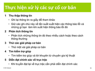 Thực hiện xử lý các sự cố cơ bản
1 Thu thập thông tin
− Ghi lại thông tin ra giấy để tham khảo
− Giữ các ghi chú này về tấn suất xuất hiện các thông báo lỗi và
những gì bạn làm khi xuất hiện thông báo lỗi đó
2 Phân tích thông tin
− Phân tích những thông tin đó theo nhiều cách hoặc theo cách
thông thường
3 Thử các giải pháp cơ bản
− Thử một vài giải pháp cơ bản
4 Tìm kiếm trợ giúp
− Tìm kiếm trợ giúp và lời khuyên từ chuyên gia kỹ thuật
5 Diễn đạt chính xác về trục trặc
− Khi truyền đạt lại về trục trặc cần phải diễn đạt chính xác
© IIG Vietnam 59
 