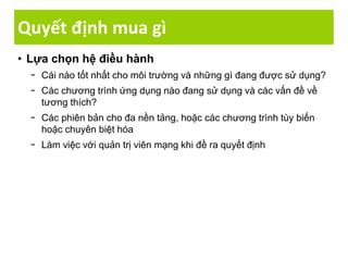 Quyết định mua gì
• Lựa chọn hệ điều hành
− Cái nào tốt nhất cho môi trường và những gì đang được sử dụng?
− Các chương trình ứng dụng nào đang sử dụng và các vấn đề về
tương thích?
− Các phiên bản cho đa nền tảng, hoặc các chương trình tùy biến
hoặc chuyên biệt hóa
− Làm việc với quản trị viên mạng khi đề ra quyết định
 