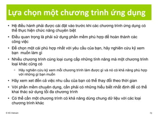 Lựa chọn một chương trình ứng dụng
© IIG Vietnam 72
• Hệ điều hành phải được cài đặt vào trước khi các chương trình ứng dụng có
thể thực hiện chức năng chuyên biệt
• Điều quan trọng là phải sử dụng phần mềm phù hợp để hoàn thành các
công việc
• Để chọn một cái phù hợp nhất với yêu cầu của bạn, hãy nghiên cứu kỹ xem
bạn muốn làm gì
• Nhiều chương trình cùng loại cung cấp những tính năng mà một chương trình
loại khác cũng có
− Hãy nghiên cứu kỹ xem mỗi chương trình làm được gì và nó có khả năng phù hợp
với những gì bạn muốn
• Hãy xem xet đến cả việc nhu cầu của bạn có thể thay đổi theo thời gian
• Với phần mềm chuyên dụng, cần phải có những hiểu biết nhất định để có thể
khai thác sử dụng tối đa chương trình
• Có thể cần một chương trình có khả năng dùng chung dữ liệu với các loại
chương trình khác
 